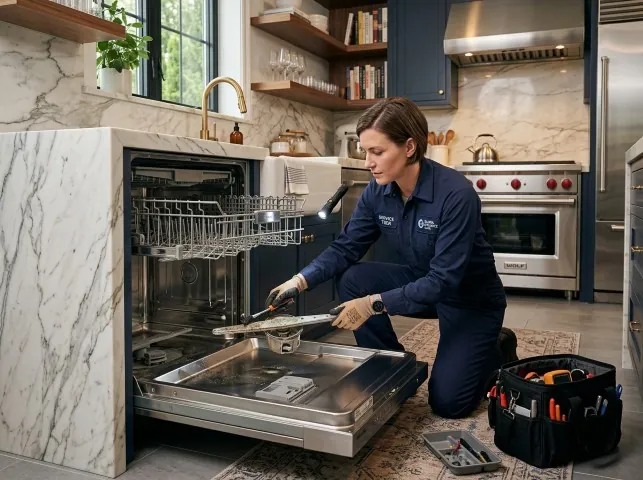 Appliance Repair Hero technician servicing a built-in dishwasher in a Bala Cynwyd, PA kitchen