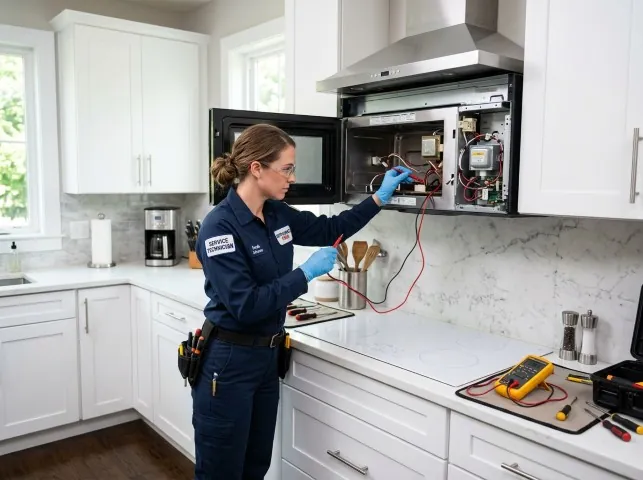 Appliance Repair Hero technician testing an over-the-range microwave in a Bala Cynwyd, PA kitchen